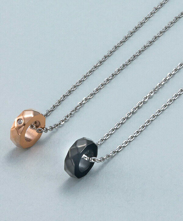 ダイヤカット リング ペアネックレス サージカルステンレス 金属アレルギーフリー ジルコニア 多角形 ボルト 輪っか ブラック ピンクゴールド シンプル ペア ...