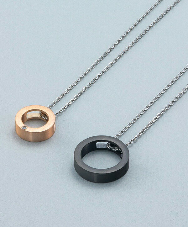リング ペアネックレス サージカルステンレス 金属アレルギーフリー ジルコニア 輪っか ラウンド 円 丸 ブラック ピンクゴールド シンプル ペア おそろい お...
