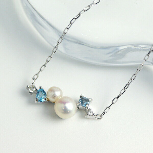 パール アクアマリン ダイヤモンド ライン ネックレス 天然石 真珠 ホワイトゴールド ゴールド K10 10金 レディースアクセサリー Women's Jewelry Ladies 贈り物 天然石 誕生石 3月 4月 6月 WG ゴールドネックレス 水色 普段使い デイリー 個性的 ランダム リズミカル(4)