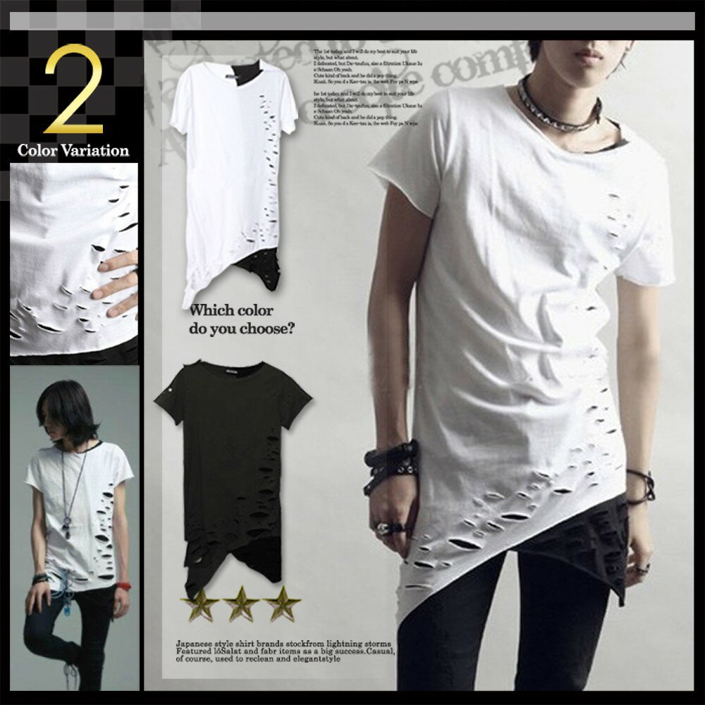 Tシャツ メンズ 半袖 Uネック 斜め アシメトリー フェイクレイヤード 半袖 Tシャツ ブラック 黒 白 半袖Tシャツ 2024
