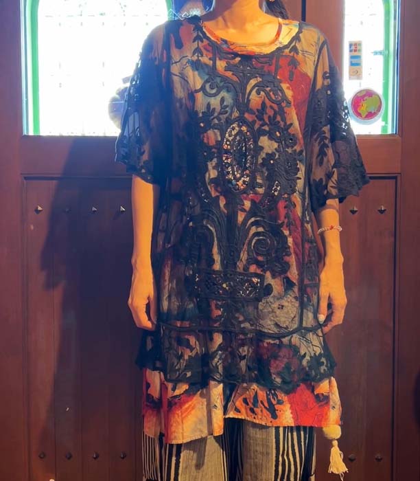 黒レースアジアンカーディガントップ...