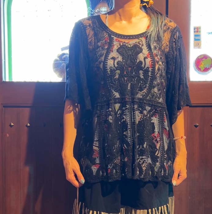 黒レースアジアンカーディガントップ...