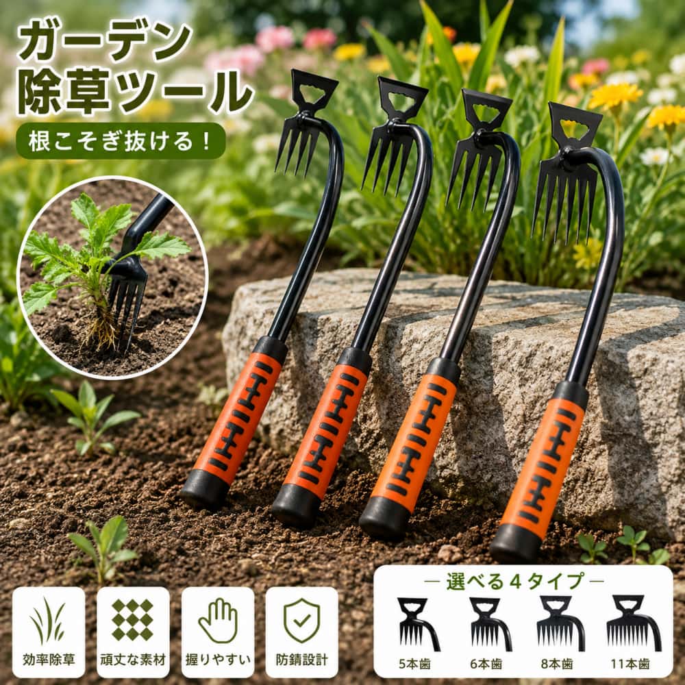 alket オリジナル商品 スチール製雑草抜き鍬 防錆ガーデンハンド除草機 ゴムグリップ付 5/6/8/11本歯 家庭花壇・芝生・畑用除草ツール 項目 詳細 商品番号 wyf866376d41d 送料 全国送料無料（沖縄・北海道は別途送料が発生します） 素材 スチール製 防錆加工、ゴム製ハンドル 歯タイプ 5本歯 / 6本歯 / 8本歯 / 11本歯 4種展開 対応場所 庭、芝生、花壇、畑、家庭園芸 パッケージ内容 雑草抜き除草ツール ×1個 ? 商品特徴 特徴 内容 爪付きで雑草簡単除去 先端爪設計で庭や芝生の雑草を根から簡単に引き抜くことができます。 スチール素材丈夫で長持ち 耐摩耗性に優れた防錆スチール採用、長期間安定して使用可能です。 人間工学ゴムハンドル 握り心地柔らかいゴムグリップ、長時間作業しても手が痛くなりにくい設計です。 小型軽量携帯簡単 コンパクト軽量タイプで持ち運び・保管が手間なし、屋外各場所に適します。 多シーン汎用園芸道具 家庭花壇、芝生、畑など様々な草取り作業に活用でき実用的です。 📏 サイズ一覧 歯タイプ 寸法・在庫状況 5本歯 38cm×4.5cm×10cm / 14.96インチ×1.77インチ×3.94インチ 在庫あり 6本歯 37cm×6cm×10cm / 14.57インチ×2.36インチ×3.94インチ 在庫あり 8本歯 38cm×8cm×10cm / 14.96インチ×3.15インチ×3.94インチ 在庫あり 11本歯 38cm×11cm×13.5cm / 14.96インチ×4.33インチ×5.31インチ 在庫あり 🎨 カラー一覧 カラー 在庫状況 スチール無垢色 在庫あり ?? ご利用上の注意 ・単位換算基準：1インチ＝2.54cm、1cm＝0.393インチ ・手作業採寸のため0〜1cm程度の寸法誤差が生じる場合がございます。予めご了承ください。 ・光の反射・閲覧端末により実物と色味に差異が発生することがあります。 ・生産ロットにより微妙な寸法・質感の誤差が発生することがあります。 　寸法・色味誤差を理由とした返品・交換は承っておりません。 ・出荷前に検品を行っており、検品のため開封する場合がございます。 ・初期不良がある場合は、商品到着後7営業日以内に不具合箇所の写真を添えてご連絡ください。 ・落下衝撃、硬い物に強く打ち付けるなど誤使用による変形・錆びにつきましては保証対象外となります。 🚫 返品・交換不可ケース ・商品使用済み、歯の変形・錆・汚損・傷付きが確認された場合 ・サイズ不適合・色味イメージ違いなどお客様都合による返品・交換 ・衝撃など誤使用による本体破損 ・頻繁な返品交換、転売目的と判断したご注文 alket いつもご愛顧ありがとうございます
