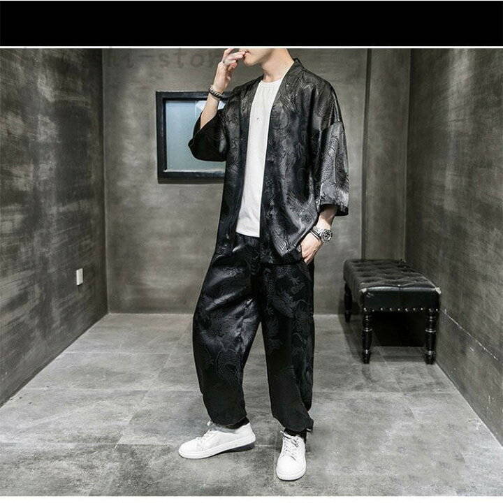 上下セット セットアップ甚平 7分袖じんべい メンズ麻 夏着物 浴衣夏祭り 刺繍スウェットセット 花火大会リネンジャージ サルエルパン