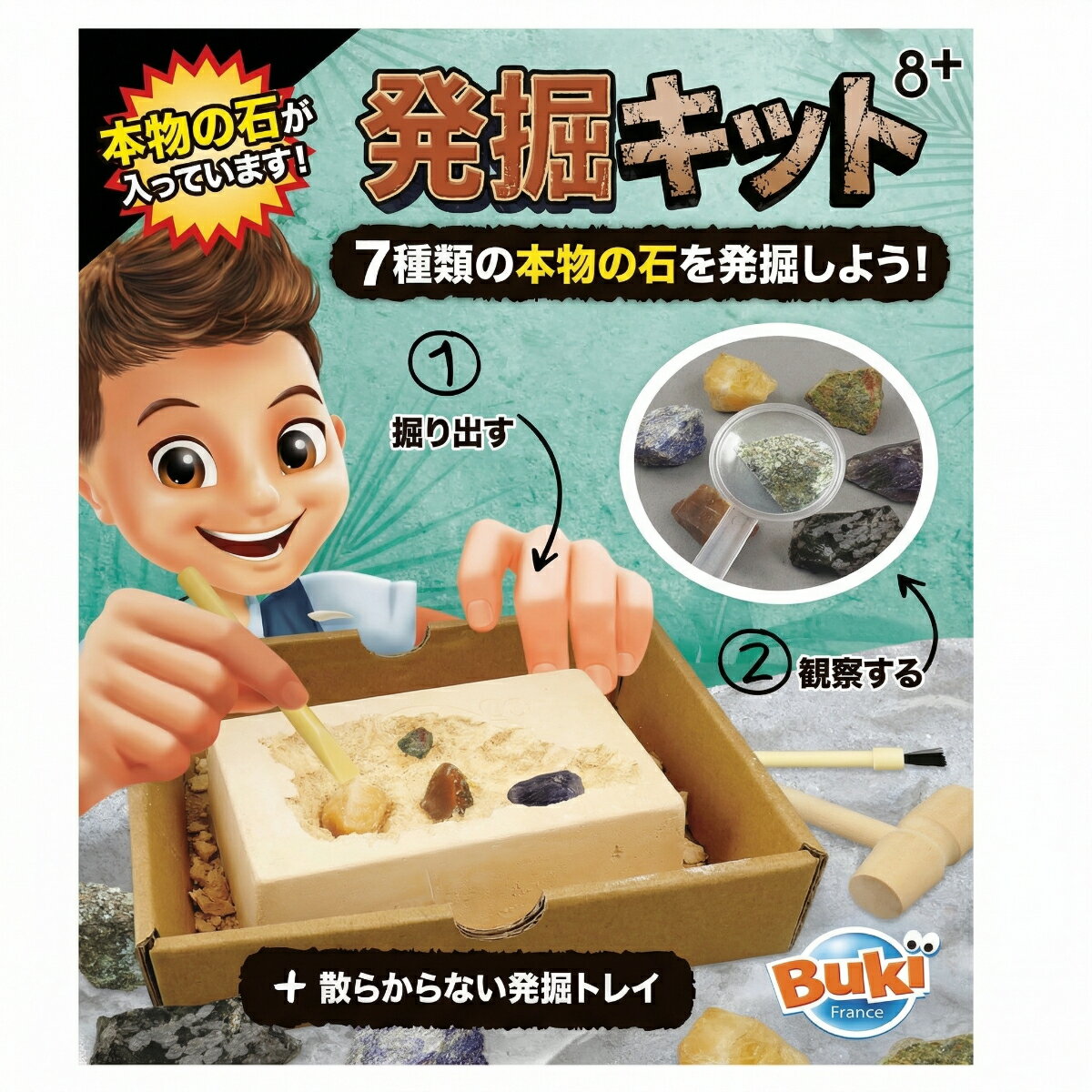 Rakuten - メイキングトイ 発掘キット 岩石 鉱物 7種類 本物の石 ルーペ付き 木製ツール付き 発掘トレー付き 子供 知育玩具 自由研究 ギフト ビュキフランス