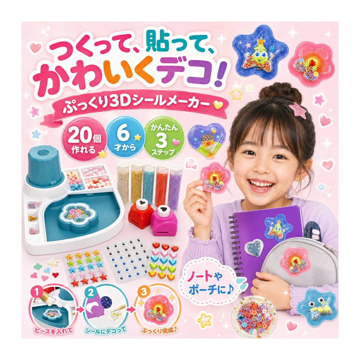 ビュキフランス ぷっくり3Dシールメーカー ステッカーファクトリー 20個作れる 6歳から 手作りシール 3Dステッカー シール作り 工作キット DIY デコレーション ビーズ 知育玩具 おうち時間 誕生日 クリスマス プレゼント 女の子 男