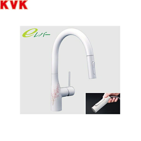 KVKシングルシャワー付混合栓 KM6061ECM4K1 吐水口長さ：245mm 取付穴径：φ35〜39mm 一般地仕様 eレバー水栓(レバー中央水吐水) シャワー引出し式 色：マットホワイト 柄：サクラ ブレードホース・クイックファスナー式 吐水口回転規制160°KVK KM6061ECM4K1