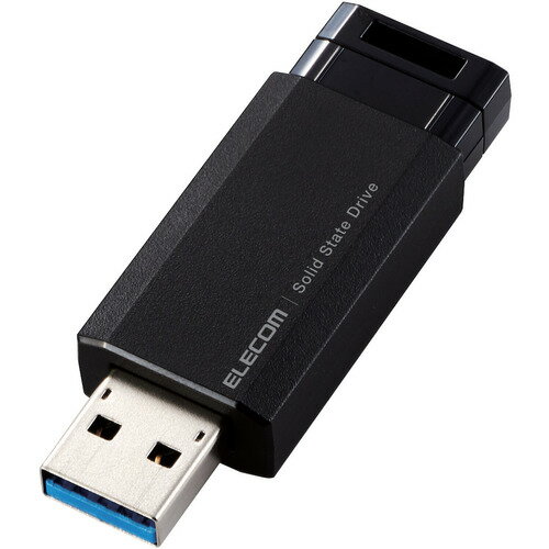 エレコム ESD-EPK0500GBK 外付けSSD ノック式 USB3.2(Gen2)対応 500GB ブラック ●片手でワンプッシュのラクラク接続！ノックで出して自動で収納できる、USBメモリサイズの超小型で読み出し最大600MB/sの高速データ転送を実現するUSB3.2(Gen2)外付けポータブルSSD。●読み込み最大600MB/s、書き込み最大500MB/sの高速データ転送を実現するUSB3.2(Gen2)対応外付けポータブルSSDです。※USB3.2(Gen2)でご使用になるには、機器側がUSB3.2(Gen2)に対応している必要があります。●重さ約11g、幅57.7×奥行き20×高さ10.5mm(コネクタ収納時)と圧倒的な小ささを実現し、持ち運びや収納にも便利なUSBメモリサイズです。●USB3.1(Gen2、Gen1)/USB3.0/USB2.0への下位互換が可能で、そのまま接続可能です。●PlayStation(R) 4、PlayStation(R) 4 Pro、PlayStation(R) 5※に接続し、ゲームデータを外付けSSDに保存することで、ゲームの起動時間やセーブデータのロード時間が短縮され、より快適なゲームプレイが可能です。※PlayStation(R) 5で使用する場合はPlayStation(R) 4のソフトプレイ時のみとなります。【仕様】対応機種：Windows 10/8.1が動作するWindowsパソコン、およびmacOS Big Sur 11.0が動作するMac対応ゲーム機：PlayStation(R) 4、PlayStation(R) 4 Pro、PlayStation(R) 5 ※PlayStation(R) 5のソフトデータは拡張ストレージから起動できません。付属ソフトウェア対応機種：Windows 10/8.1が動作するWindowsパソコン、およびmacOS Big Sur 11.0が動作するMacインターフェイス：USB3.2(Gen2、Gen1)/USB3.1(Gen2、Gen1)/USB3.0/USB2.0コネクタ形状：USB3.2(Gen2) typeA オス容量：500GBデータ転送速度・読み出し：最大600MB/s・書き込み：最大500MB/s ※USB3.2(Gen2)でご使用になるには、機器側がUSB3.2(Gen2)に対応している必要があります。外形寸法：約57.7mm×約20mm× 約10.5mm(コネクタ収納時)重量：約11g(本体)付属品：ユーザーズマニュアルカラー：ブラック保証期間：1年間