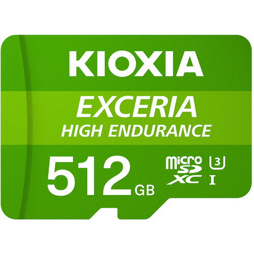 KIOXIA KEMU-A512G microSDXCカード EXCERIA HIGH ENDURANCE 512GB KEMUA512G発売日：2022年7月23日●監視カメラやドライブレコーダーの記録に適した耐久性EXCERIA HIGH ENDURANCE 高耐久 microSDXC UHS-Iメモリカードは、監視カメラやドライブレコーダーでの使用を想定しています。●長時間撮影が可能な大容量512GBの大容量で、約10時間29分の4K映像を記録できます。全方位録画機能搭載のドライブレコーダー等にもおすすめです。●高速な読み込み/書き込みスピード最大100MB/秒の読み出し速度、最大85MB/秒の書き込み速度で、車載映像・監視映像を記録できます。●録画時間の目安【動画】HD(12Mbps) 約5、240分HD(17Mbps) 約3、700分Full HD(21Mbps) 約2、990分4K(100Mbps) 約629分※実際の録画時間は、ご使用の機器、撮影条件、設定等によって変わります。&nbsp;【仕様】容量：512GBユーザー領域：460.8GBインターフェース：UHS-I外形寸法：15.0mm×11.0mm×1.0mm質量：約0.3g最大読出速度：100 MB/s最大書込速度：85MB/sUHSスピードクラス：U3ビデオスピードクラス：V30SDスピードクラス：C10アプリケーションパフォーマンスクラス：A1