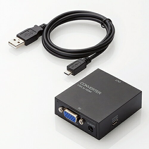 エレコム AD-HDCV03 映像変換コンバーター(VGA-HDMI)●VGA信号と音声信号をHDMI信号に変換するコンバーターです。●アナログ映像信号(VGA/D-Sub15pin)をHDMIのデジタル映像信号に変換することができます。●アナログ音声をφ3.5ステレオミニ端子から入力し、映像信号と一緒にHDMI信号として出力が可能です。 ※HDMIからVGA(D-Sub15pin)への変換はできません。●映像出力方法がVGA(D-Sub15pin)のみのパソコンに、HDMI入力のテレビやディスプレイ・プロジェクタを接続し映像出力することができます。●1920×1080までの解像度入力に対応しています。●MicroB端子から給電可能な外部電源供給方式のため、安定した映像変換が可能です。●パソコン給電、AC給電が可能な給電用のMicroBケーブルが付いています。 ※外部電源供給の際は、5V0.5A以上の定格出力が可能なACアダプタをご利用下さい。●ソフトやドライバは不要です。接続するだけで使用が可能です。●HDCP1.3に対応しています。対応映像出力機器D-sub15pin(ミニ)出力端子を搭載したパソコン等対応映像表示機器HDMI入力端子を搭載した液晶テレビ・ディスプレイ・プロジェクター等コネクタ形状入力側:D-sub15pin(ミニ)、3.5mmステレオミニ端子メス/出力側:HDMIタイプA(19pin)メス/電源端子:USB[microB]メス対応解像度最大入力解像度1920×1080添付品USBケーブル(給電用)×1本保証期間6カ月環境配慮事項EU RoHS指令準拠