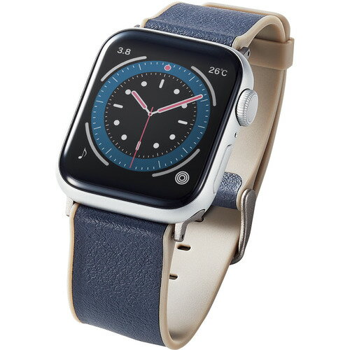 エレコム AW-41BDMNONV Apple Watch用MINIOハイブリッドレザーバンド (41/40/38mm) ネイビー×ブラウン AW41BDMNONV●柔らかく肌なじみの良いヴィーガンレザーと耐久性の高いTPU素材の組み合わせで、バイカラーデザインの配色が楽しめる薄型軽量のApple Watch用“MINIO”ハイブリッドレザーバンドです。●柔らかく肌なじみの良いヴィーガンレザーと、耐久性の高いTPU素材を組み合わせた薄型軽量のApple Watch用”MINIO”ハイブリッドレザーバンドです。●ミラノに拠点を置くイタリアの老舗メーカーCORONET社製の、上質で柔らかく肌触りの良いヴィーガンレザーを使用しています。●※ヴィーガンレザー【Vegan Leather】とは、動物の革を使用せずに本革の美しい風合いを再現したソフトレザーです。動物愛護の観点から海外でも注目されている素材です。●表生地は洗練された印象のニュアンスカラーと、内側のTPU樹脂には遊び心のあるカラーを配色し、楽しめるバイカラーデザインにしています。●バンドの厚みを薄く平らに、剣先を角丸形状にすることでモダンなシルエットに仕上げました。●バックルとラグの金属部分はマットシルバーで仕上げており、バイカラーデザインのバンド本体にマッチしたカラーにしています。●Apple Watchとバンドを接続するラグ部分は、外側からネジが見えず外れにくい独自構造設計です。●バックルの突棒はしっかり留まるように平型形状にデザインしています。●バンドをApple Watchに装着したままで液晶画面の確認、本体の操作、各種ボタン操作、純正の磁気充電ケーブルへの設置が可能です。