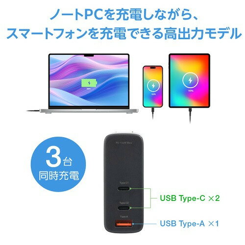グリーンハウス GH-JD3GB-BK AC充電器 USB 3ポート 140W USB Power Delivery対応 GaN採用 ブラック