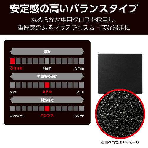 エレコム MP-G11BK ゲーミングマウスパッド 中目クロス バランス ミディアム ブラック