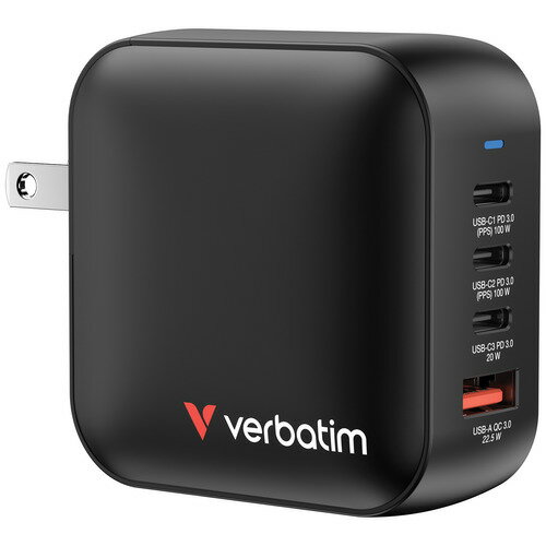 Verbatim MGAN100-4V1 GaN充電器 100W USB PD対応 USB-Cポート×3 USB-Aポート×1 ブラック Verbatim MGAN100-4V1 GaN充電器 100W USB PD対応 USB-Cポート×3 USB-Aポート×1 ブラック