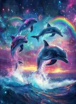 ダイヤモンドアート イルカと虹　　　　　　　　　　モザイクアート　海洋生物　動物　インテリア　ギフト　プレゼント　キュート　かわいい　ファンタジー