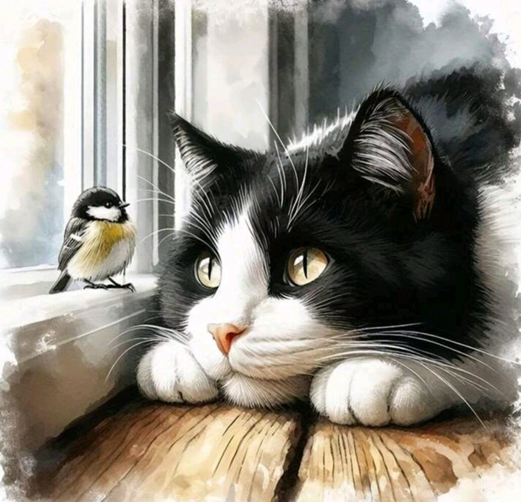 ダイヤモンドアート ハチワレのネコと小鳥　　　　　　　　　　　　モザイクアート　猫　動物　鳥　癒し　和み　スタイリッシュ　インテリア　ギフト　プレゼント　キュート