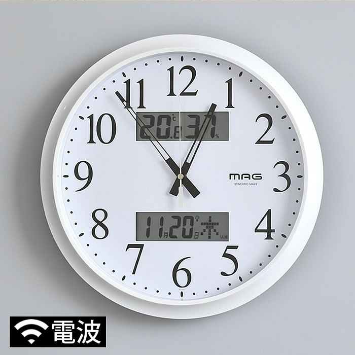 【1日はポイント最大10倍祭♪】掛け時計 電波時計 時計 温度計 湿度計 ノア精密 MAG 電波掛時計ダブルリンク W-711 オフィス 教室 乾燥 大きい 見やすい 快適 体調管理 アナログ おしゃれ シンプル 壁掛け 部屋 ホワイト 白 カレンダー リビング