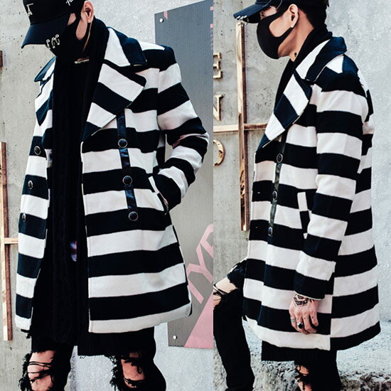 チェスターコート メンズ ロングコート ボーダーコート インポート ロング丈 コート 変形 送料無料 秋 冬 新作 30代 40代 お兄系 個性的 V系 ヴィジュアル系 ホスト ストリート系 ファッション 衣装 大人 ブラック 黒 ホワイト 白 韓国ファッション