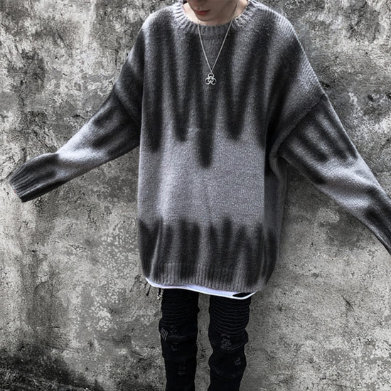 ロンT メンズ モード系 ファッション ムラ柄 ロングTシャツ メンズ トレーナー ニットソー オーバーサイズカットソー ロンT セーター インポート 個性的 V系 ヴィジュアル系 ストリート系 オラオラ系 ビター系 韓国 トップス 衣装 送料無料 秋 冬 新作 グレー
