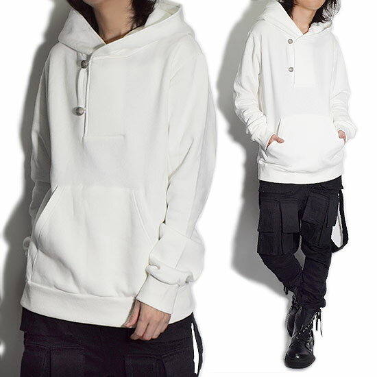 パーカー メンズ プルオーバーパーカー コンチョボタン 変形 カットソー ビックシルエットパーカー オーバーカットソー ロングカットソー ホワイト 白 オーバーサイズ お兄系 V系 ヴィジュアル系 ホスト 送料無料 秋 冬 新作 個性的 モード系ファッション 衣装