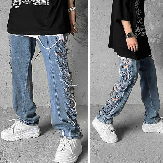 正規販売店 デニムパンツ メンズ ストリート系 ワイドパンツ 送料無料 ワイドデニムパンツ ダメージ加工 オシャレ ストリート系 インポート 春 夏服 秋 冬 新作 個性的 V系 ヴィジュアル系 ホスト 大人 スタイル ストリート系ファッション 衣装 お兄系 ブリーチ