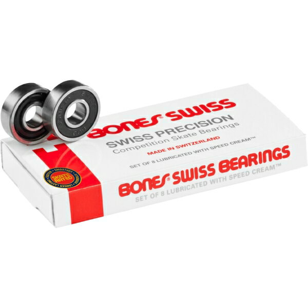 特徴独自の仕様に沿って製造されたBONES BEARING。ハードなランディングがもたらす強い衝撃、ターンでのサイドからの負荷、ゴミ、ホコリなどに可能な限り耐えるように設計され、速く回転し長持ちします。考案者のジョージ・パウエルが、スケート用ベアリングに工業規格はあてはまらないという考えの下、ABEC表示はされていません。商品詳細ボーンズといえばスイス製のBONES SWISS。世界中のスケートショップでお勧めのベアリングは?と聞けば間違いなくBONES SWISSと返ってきます。スイスという国は日本と同じように品質基準が高く、高級時計や工業製品の生産に長けている、物作りの高い精度を持つ技術者も集まるお国柄。そんな国がスケートボード専用のベアリングを本気で作った。それが40年近くもNo1を維持してる。・ラバーシールド(片面)・潤滑剤：オイル・ABECの表記なし・セット内容：1セット/8個入り ベアリングスペーサー4個ボーンズ ベアリング1983年POWELL社によって開発されたBEARINGブランド。メダリストやレジェンドなど世界中のスケーターから圧倒的な信頼があります。品質保証当店の商品は国内メーカー、正規代理店から仕入れています。保証書がある商品についてはメーカー規定に基づく対応をいたします。