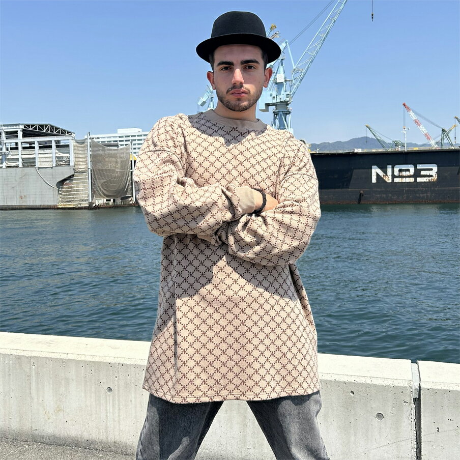 【AFO / UNISEX】ROYAL FAMILIA MONOGRAM BULKY SWEATER オールフォーワン ロイヤル ファミリア モノグラム バルキー セーター【ベージュ/ブラウン】ニット 毛糸 セーター 総柄 モノグラム