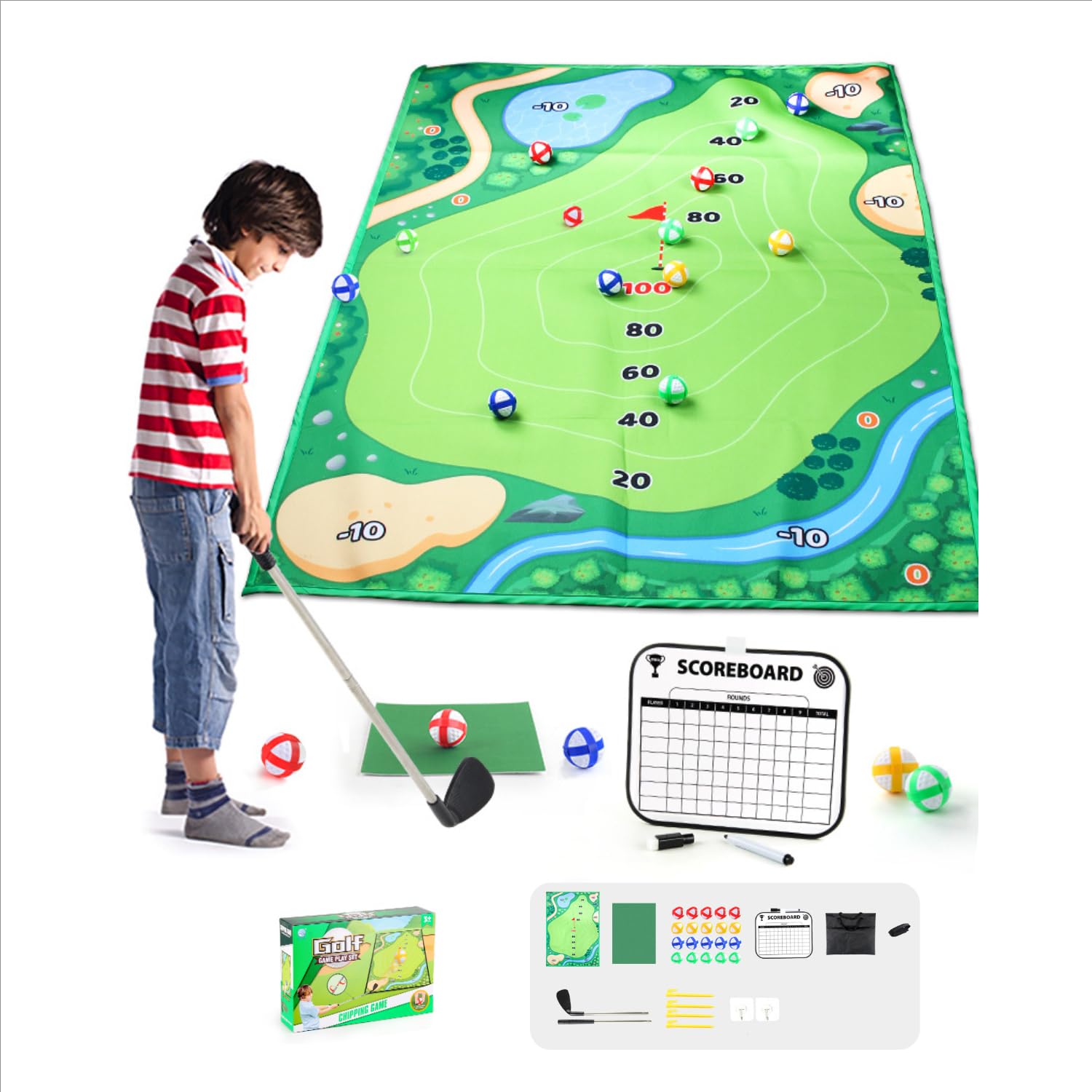 製品名 （子ども用ゴルフ玩具セット）製品の特徴 厚手で、ゴルフゲーム及び練習に使用できるゴルフマットで、両面大サイズのデザインを採用しており、マット面のベルベット生地は平らで緻密で、耐磨耗性と耐久性があります。 多様なシーンに適応でき、室内でも室外でも遊ぶことができ、場所に制限されず、また多種の切り返しの玩法があり、平らに敷いたり、吊したりすることができます。 書き換え可能なスコアボードをセットにしており、遊びながらスコアをつけることができ、ゲームの体験感を高めることができます。適用対象者 子どもたち主な機能 子どもたちのさまざまなスキルを鍛えることができ、親子間の交流や友達との遊びに便利で、ユーザーがスポーツの楽しさを味わえ、いつでもゲームを開催することができます。使用シーン 室内と室外の両方で使用可能で、日常の遊びや親子間の交流の時間、または友達と集まるときにも、この製品を使ってゴルフゲーム活動を展開することができます。 商品の説明 ゴルフ おもちゃ この「子ども用ゴルフセット」は、厚手のゴルフゲーム及び練習用マットです。子どもたちのさまざまなスキルを鍛えることができ、両面大サイズのデザインを採用しており、マット面のベルベット生地は平らで緻密で、耐磨耗性を備えており、長い間使用することができます。 多様なシーンに適応でき、室内でも室外でも、どこでも遊ぶことができ、場所に制限されません。また、多種の切り返しの玩法があり、平らに敷いたり、吊したりすることができ、いつでもゲームの楽しみを味わうことができます。 親子間の交流や友達との遊びに最適で、付属の書き換え可能なスコアボードを利用して、遊びながらスコアをつけることができ、ゲームの体験感をさらに高めることができます。このゴルフゲームマットを使って、子どもたちはスポーツの楽しさを十分に味わえます。製品名 （子ども用ゴルフ玩具セット）製品の特徴 厚手で、ゴルフゲーム及び練習に使用できるゴルフマットで、両面大サイズのデザインを採用しており、マット面のベルベット生地は平らで緻密で、耐磨耗性と耐久性があります。 多様なシーンに適応でき、室内でも室外でも遊ぶことができ、場所に制限されず、また多種の切り返しの玩法があり、平らに敷いたり、吊したりすることができます。 書き換え可能なスコアボードをセットにしており、遊びながらスコアをつけることができ、ゲームの体験感を高めることができます。適用対象者 子どもたち主な機能 子どもたちのさまざまなスキルを鍛えることができ、親子間の交流や友達との遊びに便利で、ユーザーがスポーツの楽しさを味わえ、いつでもゲームを開催することができます。使用シーン 室内と室外の両方で使用可能で、日常の遊びや親子間の交流の時間、または友達と集まるときにも、この製品を使ってゴルフゲーム活動を展開することができます。 商品の説明 ゴルフ おもちゃ この「子ども用ゴルフセット」は、厚手のゴルフゲーム及び練習用マットです。子どもたちのさまざまなスキルを鍛えることができ、両面大サイズのデザインを採用しており、マット面のベルベット生地は平らで緻密で、耐磨耗性を備えており、長い間使用することができます。 多様なシーンに適応でき、室内でも室外でも、どこでも遊ぶことができ、場所に制限されません。また、多種の切り返しの玩法があり、平らに敷いたり、吊したりすることができ、いつでもゲームの楽しみを味わうことができます。 親子間の交流や友達との遊びに最適で、付属の書き換え可能なスコアボードを利用して、遊びながらスコアをつけることができ、ゲームの体験感をさらに高めることができます。このゴルフゲームマットを使って、子どもたちはスポーツの楽しさを十分に味わえます。