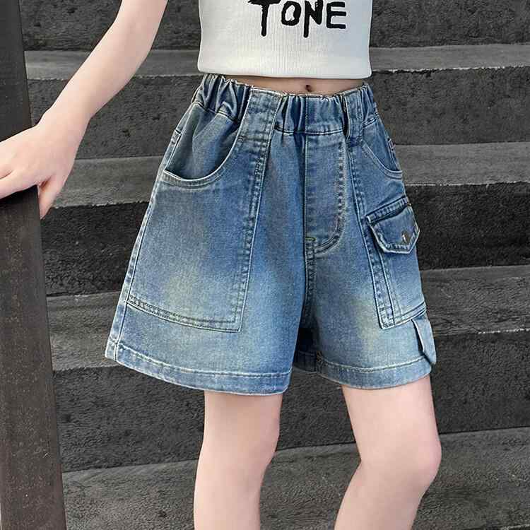 女児 牛仔 ショートパンツ 5分丈 工装風 ワイドレッグ 韓国風 夏用 薄手 綿素材 高...