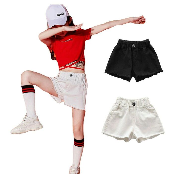 キッズダンスデニムパンツダンス衣装ヒップホップ白黒ショートパンツhiphop女の子短パン大きいサイズ