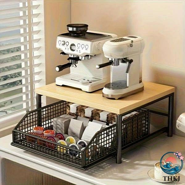 省スペースキッチンカウンタートップオーガナイザー 引き出し ワイヤーバスケット付き コーヒーメーカー 調理器具 ス allforone-10010988 オールフォーワン パッケージ画像