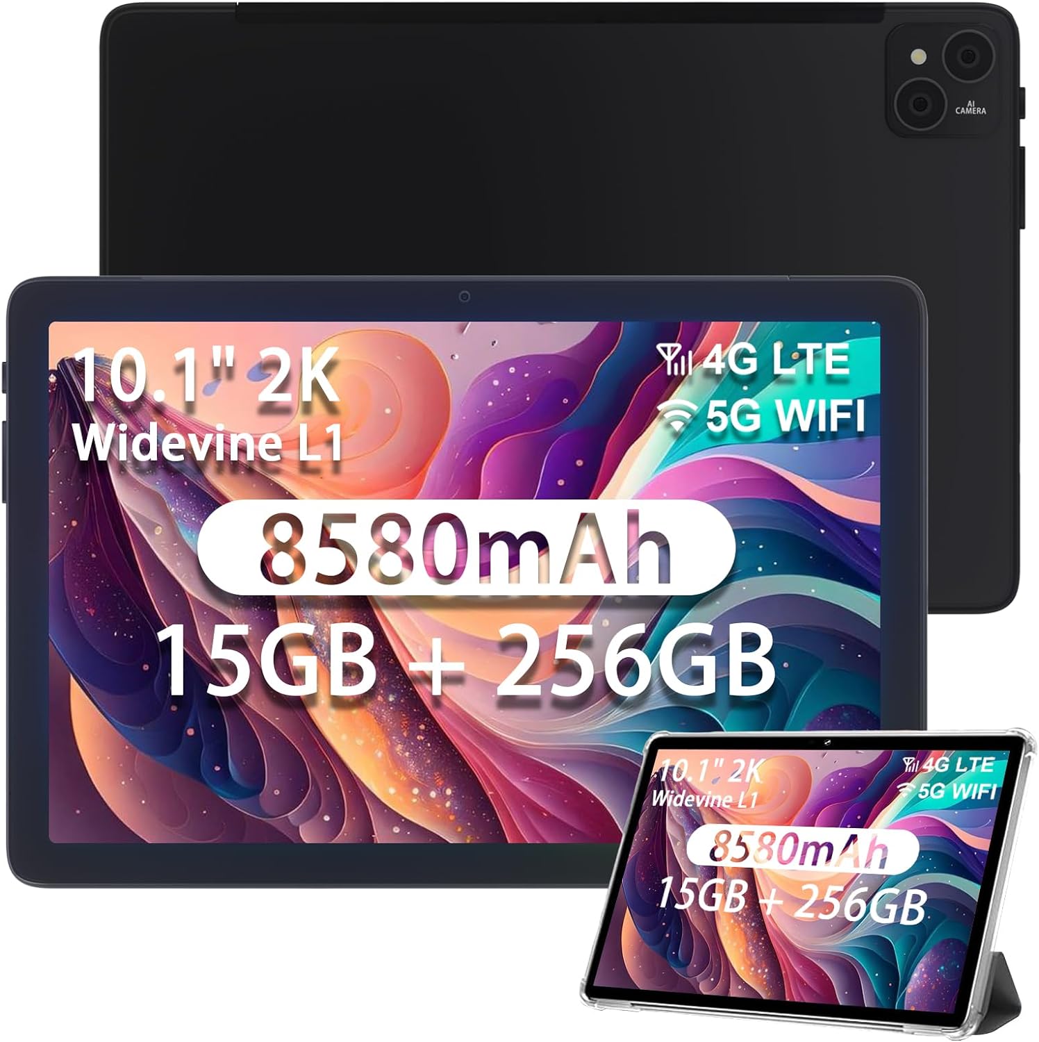 T10 Pro タブレット Android 12 タブレット 10.1インチ IPS 1200*1920 2K、RAM 15GB(8GB+7GB拡張)+ROM 256GB+1TB拡張可能ストレージ、4G LTEネットワーク、SIMカードフリー、1.6GHz 8コアCPU、8580mAhバッテリー　BLACK　ブラック