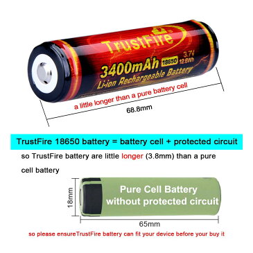 [ネコポス 送料込][TrustFire] 18650 3400mAh リチウムイオン充電池 Li-ion battery バッテリー PCB回路搭載 電池ケース付属 ボタントップ【18650 3400mAh 2本】 ※QRシール付き (at_3897-02)