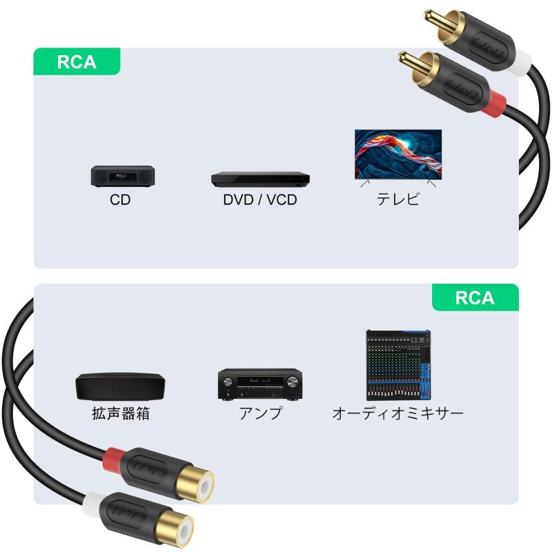 RCA 延長ケーブル J&amp;D、2RCA オス - 2RCA メス ステレオオーディオケーブル ホームシアター、車、アンプ、スピーカー、HDTV 用金メッキ RCA ケーブル - 2.7 メートル