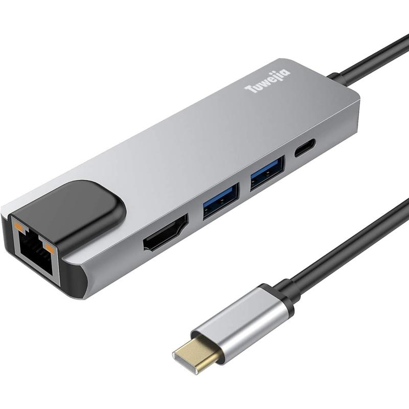 USB type C HDMI LAN ハブ タイプC 変換アダプタ 5in1 Tuwejia 4K解像度 HDMI出力+5Gbps イーサネット LANポート+USB-A データ転送ポート*2+高速PD充電ポートUSB-C LAN ハブ iPhone