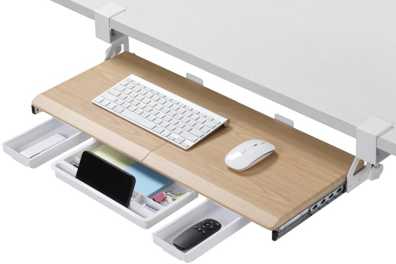 ETHU キーボードスライダー 後付け キーボードトレイ クランク式 引き出し付き 天板2枚接ぎ 幅680*奥30..