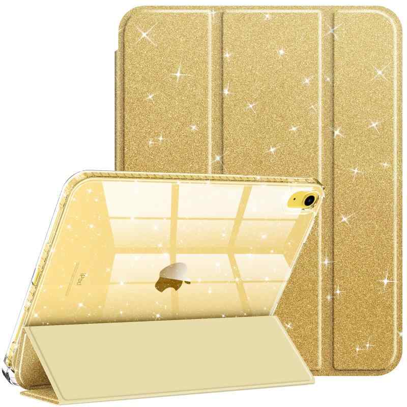 Fintie iPad 第11世代 (A16 2025)/10世代 2022用ケース 11/10.9インチ キラキラ透明バックカバー(ゴールド)【対応機種】iPad 第11世代 (A16、2025) 11インチ(モデル番号：A3354 / A3355 / A3356) / 第10世代 (2022) 10.9インチ(モデル番号：A2696 / A2757 / A2777) 専用スマートケース、カバー。（ご注意：iPadの他のモデルには対応していません、ご注文の際に、お手元機種の背面にあるモデル番号を確認をお願い致します。）【材料・キラキラ透明バックカバー】ケースの表面はキラキラ輝くPUレザー素材を利用して、軽量、超薄を備える同時にファッション感が感じさせます。透明バックカバーもキラキラでクリスタルのように、汚れや傷つけなどを防止するだけでなく、iPad本体の美しさも活かせます。キラキラ透明バックカバーの枠は柔軟なTPUを採用して、取り付けも簡単にできます。フロントカバー内部材質はマイクロファイバーで、摩擦によって発生する傷を抑え、液晶画面を保護しきれいに保ちます。(ご注意：キラキラ透明バックカバーには保護用のフィルムがついていますので、ご使用前に保護フィルムを剥がしてください。)【Apple Pencil収納】便利なペンホルダーが付き、ペンシル紛失せずご安心利用頂けます。収納や持ち運びに便利です、いつでもどこでもiPadを快適に使えます。(ご注意：当該商品はケースだけで、iPad本体やApple Pencilなどがついていません。)【オートスリープ機能】オートスリープ機能対応モデル、カバーをあけると電源が自動的にON、閉じると電源が自動的にOFF。バッテリーの消耗を最小限に抑えることが可能です。【スタンド機能と精密な加工】三つ折スタンドタイプなので、横向きに立てかけて、動画視聴、読書、WEBなどに便利です。また、充電ケーブル、カメラ、電源ボタンなどの対応しているところに精密な穴を加工されており、ケースを装着したままタブレット本体の各操作が可能です。