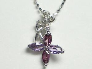 K18WG ホワイトゴールドダイヤモンド/アメジスト/ロードライトガーネットフラワー ペンダント ネックレス 【誕生石1月】10P03Dec16【楽ギフ_包装】