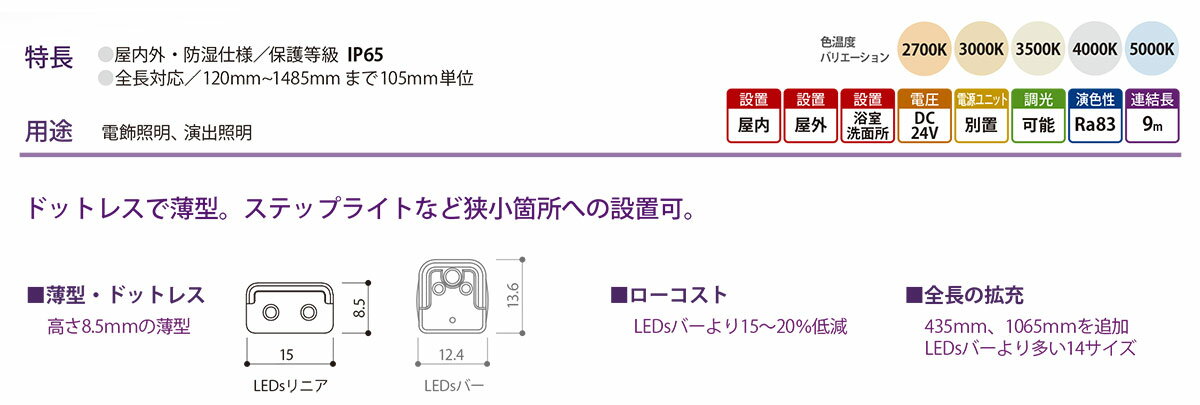 森山産業　LED照明　LEDsリニア　屋内外　防湿　24V　直流電源装置別売　全長1065m...