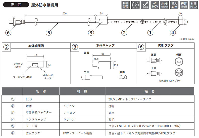 ノイフレックス　LEDテープライト　屋外用　AC100V　R100テープライト　［本体長さ...