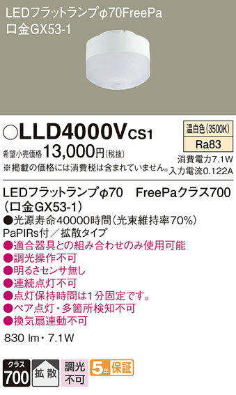 パナソニック LEDフラットランプ Φ70mm FreePa(ひとセンサ) クラス700 拡散タイプ 温白色(3500K) 全光束:830lm GX53-1口金 LLD4000VCS1(LDF7WWHGX53NSS)