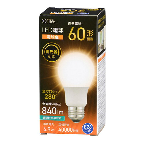 メーカー： OHM ELECTRIC INC / 株式会社オーム電機 一般電球形電球 60 形相当 寸法：全長…108mm、最大径…55mm 質量：88g 定格消費電力：6.9W 全光束：840 lm エネルギー消費効率：121.7 lm/W 平均演色評価数：Ra81 定格寿命：40000h ※ 屋内用（屋外使用禁止） ※ 交流電源100V 50/60Hz共用 【ご注意】 ※ 次のような器具には使用できません。 （破損・発煙・短寿命の原因） ・ 水銀灯器具等 ・ 直流電源 ・ 誘導灯・非常用照明器具 ・ 断熱材施工器具（SB、SGI、SG形表示器具など） ・ ランプと反射板の距離が狭い器具 ・ リモコンのついた電気器具や回路（適合表示器具を除く） ・ ナトリウムランプ・メタルハライドランプなどのHIDランプ器具 ・ 白熱電球専用の人感センサー付き、遅れ停止スイッチなどの自動点灯器具 ・ 電球用以外の調光器具（蛍光ランプ用調光器具など） ※ 調光器具でも次の器具では使用できません。 （ちらつき・不点灯の原因） ・ 人感センサー付調光器・段階調光形調光器 ・ リモコン式調光器 ・ 定格1000W以上の調光器 ・ 記憶式調光器（明かりのシーンをボタンひとつで再現できる調光器） ※ このほか使用器具の種類によって寸法的、熱的、その他の状況により使用できない場合があります。 ※ 調光した時の明るさの変化は白熱電球とは異なります。 ※ 水滴などがかかる場所では使用しないでください。 関連キーワード LED LEDランプ 一般電球型 電球色 60W相当 60W E26 調光器対応 密閉型器具対応 配光角280° 全方向タイプ 省エネOHM／オーム電機 LED電球　一般電球形 調光器・密閉形器具対応 ■特徴 ● 調光器対応 ● 密閉形器具対応 ● 配光角280°の全方向タイプ ● 口金E26 ● 省エネ法2027年度目標基準達成 ≪オーム電機　LED電球　一般電球形　E26口金　調光器・密閉器具対応≫ 明るさ 消費電力 品番 色温度 口金 製品寸法外径×長さ 全光束 梱包 単価 定格寿命 40W形相当 4.9W LDA5L-G/D AG5 電球色 E26 φ55×H108mm 530lm 1個 1,188円 40,000h LDA5D-G/D AG5 昼光色 580lm 1個 1,188円 60W形相当 6.9W LDA7L-G/D AG5 電球色 840lm 1個 1,628円 LDA7D-G/D AG5 昼光色 850lm 1個 1,628円 ※口金のサイズはE26です。 E26