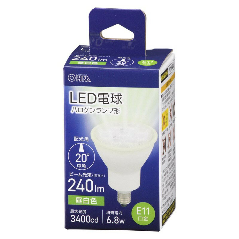 メーカー： OHM ELECTRIC INC / 株式会社オーム電機　　 シリーズ名：LED電球　ハロゲンランプ形 ■ 寸法：全長=約62mm、最大径=約50mm ■ 質量：40g ■ 定格消費電力：6.8W ■ 定格電流：110mA ■ 全光束：840lm ■ ビーム光束：240lm ■ 最大光度：3400cd ■ 配光角：20度 ■ エネルギー消費効率：123.5lm/W ■ 平均演色評価数：82Ra ■ 定格寿命：40000h ※屋内用（屋外使用禁止） ※交流電源 100V 50/60Hz ※密閉形器具には使用できません ≪ご注意≫ ※次のような器具には絶対に使用しないこと（破損・発煙・短寿命の原因） ・リモコンのついた電気器具や回路（適合表示器具を除く） ・誘導灯器具、非常用照明器具、水銀灯・ナトリウムランプ・メタルハライドランプなどのHIDランプ器具 ・密閉形または密閉に近い器具（適合表示器具を除く） ・断熱材施工器具[SB,SGI,SG形表示器具]（適合表示器具を除く） ・白熱電球専用の人感センサー付き、遅れ停止スイッチなどの自動点灯器具 ・調光機能のついた器具（100%点灯でも使用不可） ・ランプと反射板の距離が狭い器具 （このほか使用器具の種類によって寸法的、熱的、その他の状況により使用できない場合があります） ※以下の環境では絶対に使用しないこと ・水滴などがかかる場所 ・直流電源 関連キーワード LED 電球 ランプ ライト 照明 スポット スポットライト 100V LED電球 ダイクロハロゲン ハロゲンOHM／オーム電機 LED電球　ハロゲンランプ形 ■特徴 ハロゲン電球形のLED電球です。 ※調光器対応タイプもございます。 ■用途 一般照明、商業施設・店舗・商品展示用スポット照明・ベース照明など ≪オーム電機　LED電球　ハロゲンランプ形≫ ワット区分 ビーム角 消費電力 品番 光色 口金 全光束 全長 最大径 梱包 単価 定格寿命 60W形相当 中角20° 4.6W LDR5L-M-E11 5 電球色 E11 620lm 62mm 50mm 1個 1,408円 40,000h LDR5N-M-E11 5 昼白色 640lm 広角40° LDR5L-W-E11 5 電球色 610lm LDR5N-W-E11 5 昼白色 630lm 100W形相当 中角20° 6.8W LDR7L-M-E11 5 電球色 820lm 1,518円 LDR7N-M-E11 5 昼白色 840lm 広角40° LDR7L-W-E11 5 電球色 810lm LDR7N-W-E11 5 昼白色 820lm ≪オーム電機　LED電球　ハロゲンランプ形　調光器対応≫ ワット区分 ビーム角 消費電力 品番 光色 口金 全光束 全長 最大径 梱包 単価 定格寿命 100W形相当 中角25° 6.6W LDR7L-M-E11/D 11 電球色 E11 600lm 61mm 50mm 1個 1,848円 40,000h LDR7N-M-E11/D 11 昼白色 620lm 広角40° 6.7W LDR7L-W-E11/D 11 電球色 660lm LDR7N-W-E11/D 11 昼白色 690lm ※口金のサイズはE11です。