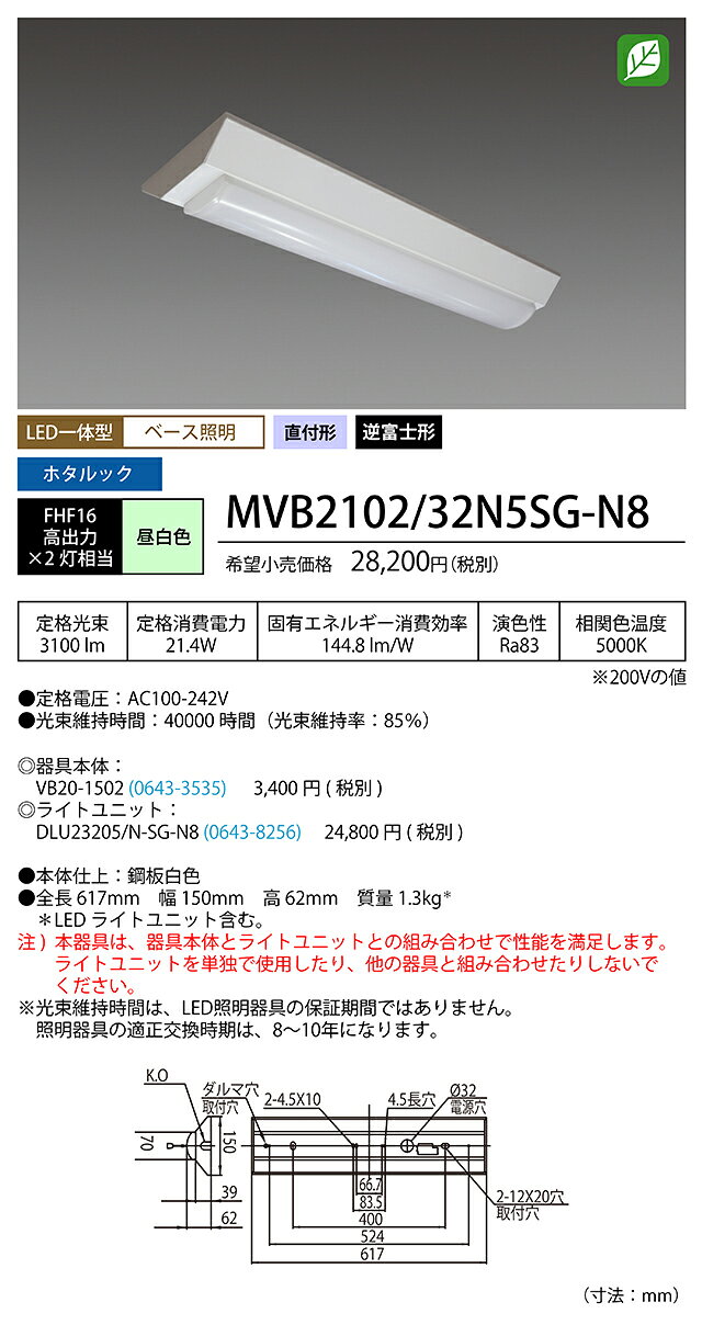 ホタルクス LED一体型ベース照明 Nuシリーズ 逆富士形 150mm幅 20形 ホタルックタイプ(残光) 固定出力 100V〜242V FHF16高出力2灯相当 昼白色 ライトユニット付 MVB210232N5SGN8(VB201502+DLU23205NSGN8) ※受注生産品 [2]