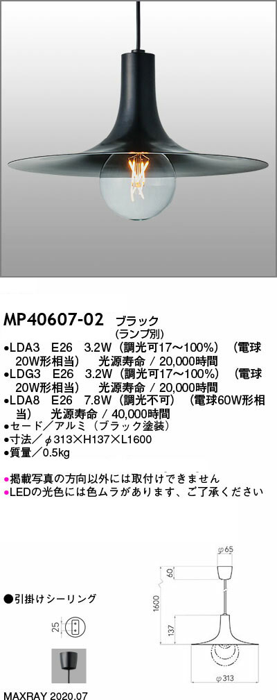 MAXRAY 吊り下げ照明器具 ペンダントライト funnel/ファンネルシリーズ 本体色ブラック(黒) 引掛けシーリング 1灯 E26口金用(ランプ別売り) MP4060702 [2]