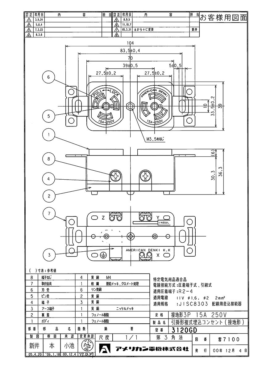 アメリカン電機　接地形3P 15A 250V　引掛形複式埋込コンセント　3120GD