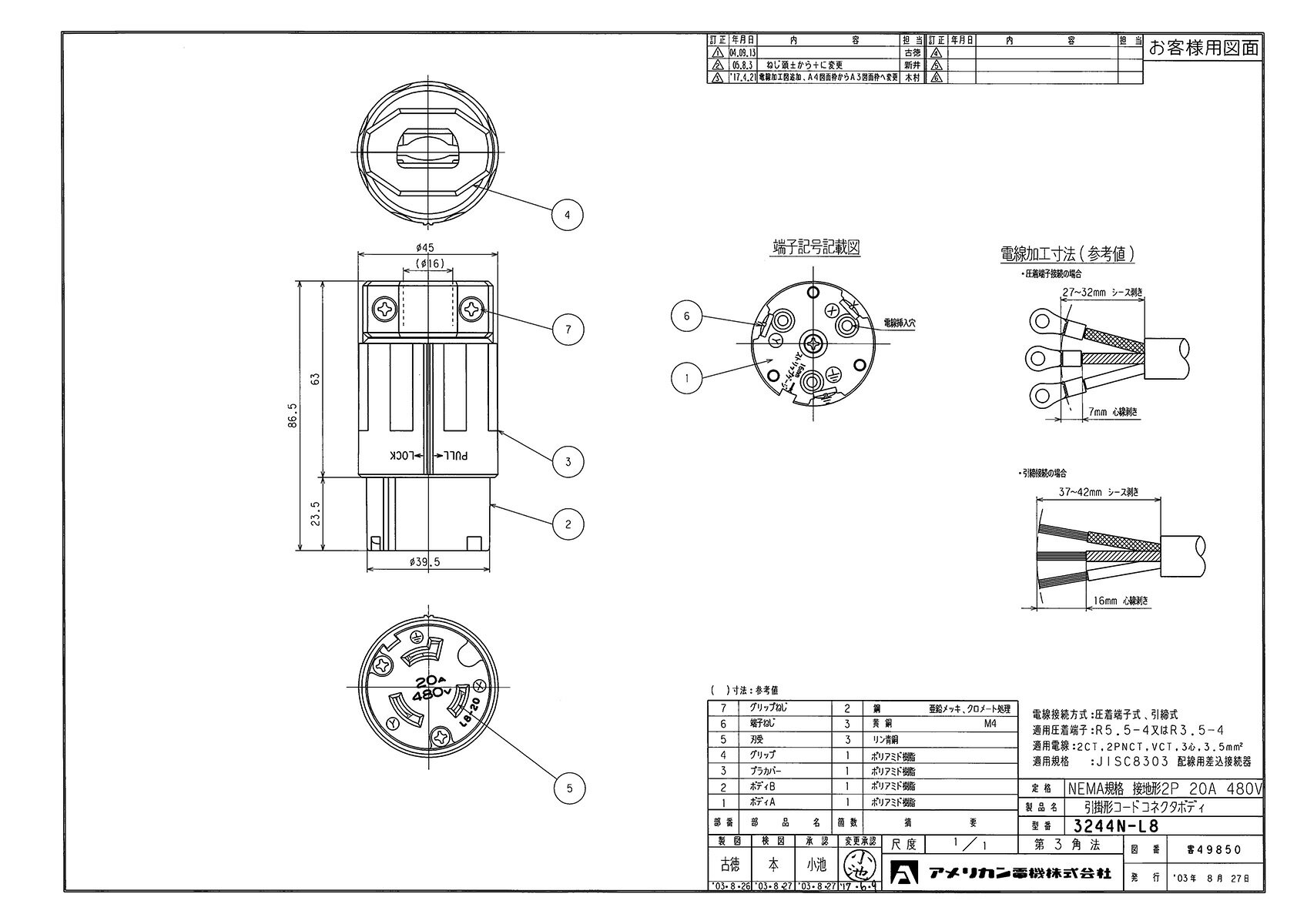 アメリカン電機　接地形2P 20A 480V　引掛形コードコネクタボディ (ナイロンカバー...
