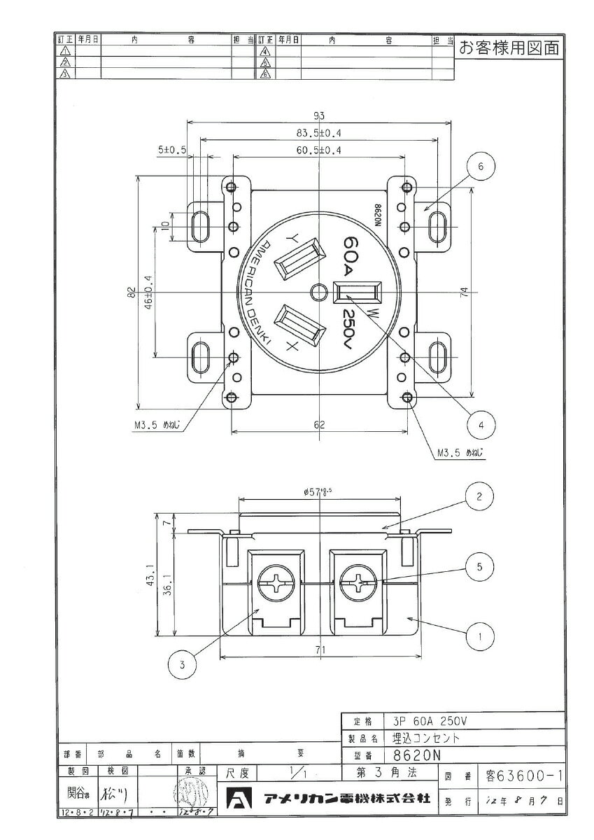 アメリカン電機　3P 60A 250V　平刃形埋込コンセント　8620N