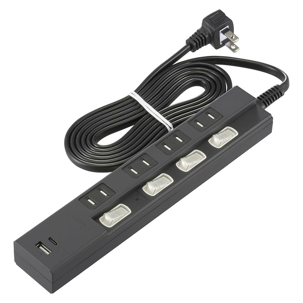 オーム電機(jī)　雷ガード付節(jié)電タップ　4個(gè)口　2m　Type-C（PD対応）×1、Type-A×1　LEDランプ付個(gè)別スイッチ　L型プラグ　ブラック（黒）　TypeC　TypeA　USB　HSTPKU42PD23K