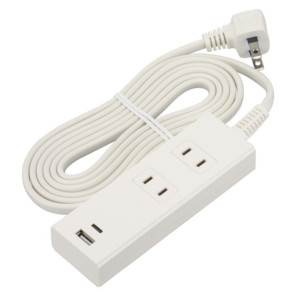 オーム電機　節(jié)電タップ　2個口　2m　Type-C（PD対応）×1、Type-A×1　L型プラグ　ホワイト（白）　TypeC　TypeA　USB　HSTU22PD23W